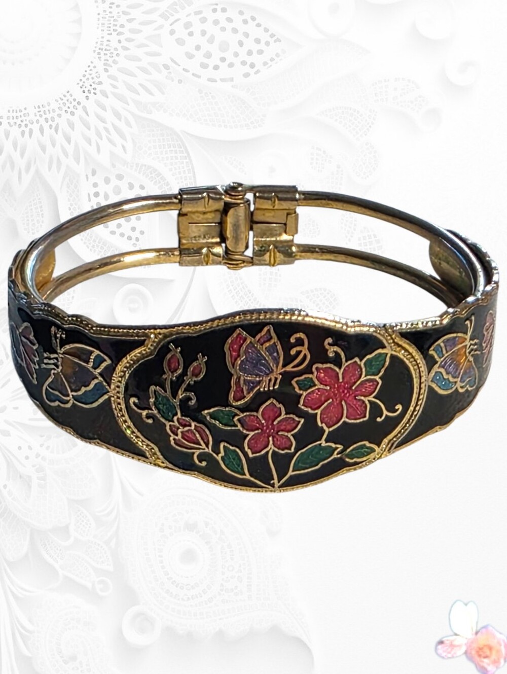 Cloisonné Butterfly Flower Hinged Bangle Bracelet Black Enamel Vintage Style